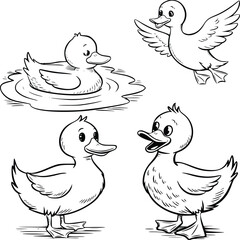 Bold black and white hand-drawn illustrations of 4 ducks doodling swimming in ponds, waddling on land, flying in the sky, and quacking happily, isolated on white.