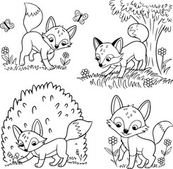 Bold black and white hand-drawn illustrations of 4 adorable foxes doodling chasing butterflies, sniffing around trees, hiding behind bushes, and playing with tails, isolated on white.
