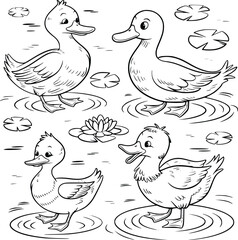 Bold black and white hand-drawn illustrations of 4 playful ducks doodling waddling around ponds, quacking loudly, and flying over water, isolated on white.