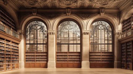 Obraz premium Grandiose Library with Ornate Architecture and Abundant Bookshelves