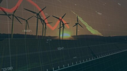 Wind turbines displaying real-time animated 3D data at dusk, showing grid and line graphs - Powered by Adobe