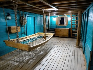Colorful interior of a vintage ship cabin.