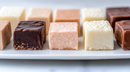 An assortment of gourmet chocolates displayed on a white tray, featuring various flavors and textures, and elegant presentation for a luxurious dessert concept.