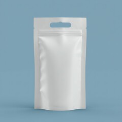 Blank White Pouch Packaging Mockup with Hang Hole on Blue Background