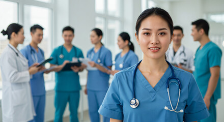 Fototapeta premium Asian medical professional lady wearing blue scrubs and a stethoscope around her neck, smiling at the camera. In the background, a group of colleagues, also in medical attire.