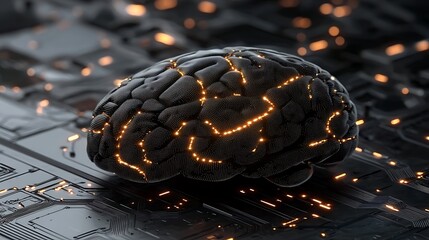 Futuristic Brain on Circuit Board with Glowing Connections and Sparks