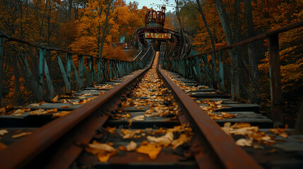 Nostalgic view of an old roller coaster with autumn foliage surrounding tracks