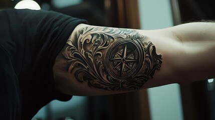 A tattoo of a compass on a man's arm