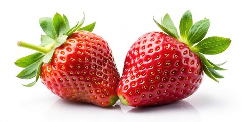 Two ripe red strawberries with green stems and leaves sitting on a white background , kitchen table
