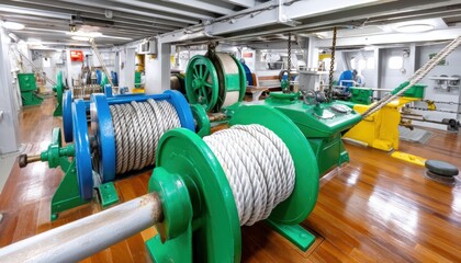 Colorful winches in a maritime workshop setting.