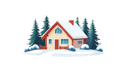 Fototapeta premium Snowy cabin in winter forest, illustration, holiday, background, postcard