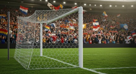 Obraz premium Soccer Goal Net Stadium Crowd Cheering Flags International Game