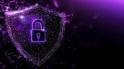 Digital Lock Icon on Shield in Purple Technology Background