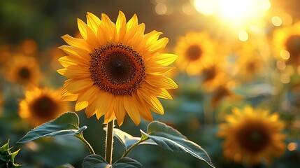 Fototapeta premium Vibrant sunflowers in a field at sunset.