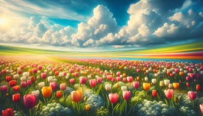 Vibrant Tulip Fields Under Blue Sky