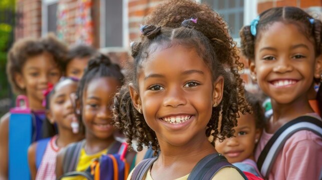 Group of children standing outside a brick building with backpacks, appearing ready for school with expressions of anticipation
