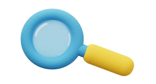 A rendered image of a blue magnifying glass with a yellow handle on a black plain background scene render fuzzy texture  soft texture  blurry edges  fluffy look  pastel effect  soft focus  hazy style