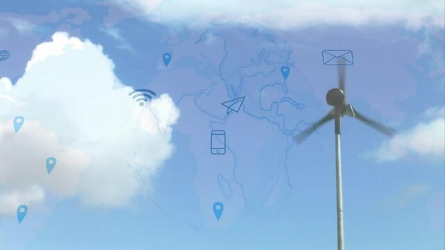 Anemometer wind sensor spinning on pole showing floating network icons over world map, in 3D render - Powered by Adobe