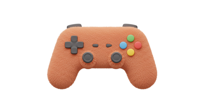 A fuzzy orange game controller with colorful buttons on a black background in a close up shot fuzzy texture  soft texture  blurry edges  fluffy look  pastel effect  soft focus  hazy style