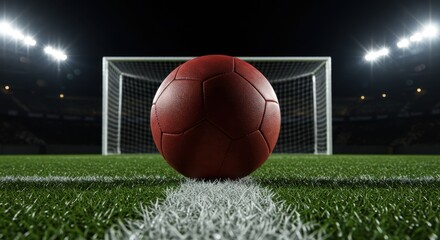 Night Football Game: Red Soccer Ball at the Penalty Spot Ready for a Goal
