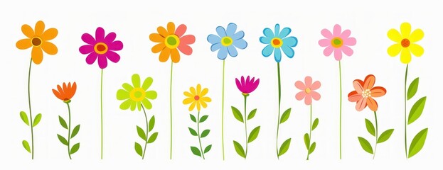 Row of colorful simple flowers with green leaves on white background, cheerful and bright illustration
