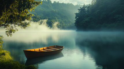 Fototapeta premium Serene lake at dawn, wooden boat