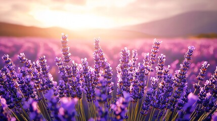 Fototapeta premium A beautiful and fragrant field of lavender flowers in full bloom under a clear blue sky inviting serenity and peaceful vibes to all visitors