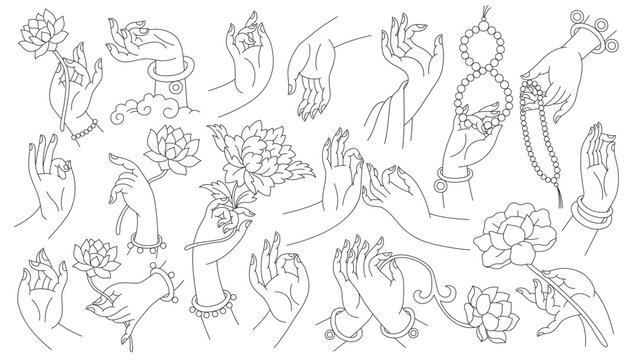 Buddha hands, gestures, religious buddhist symbols. Collection of of outline graceful hands and flowers. Mudra, lotuses, meditation. Logo design.