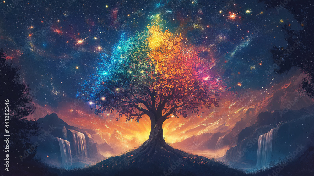 Poster enchanted dreamscape tree: a vibrant and magical scene unfolds, featuring a luminous tree with multi