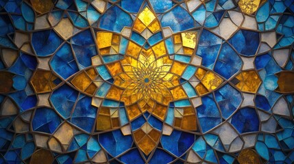 Intricate Blue and Gold Mosaic: A Kaleidoscope of Geometric Art