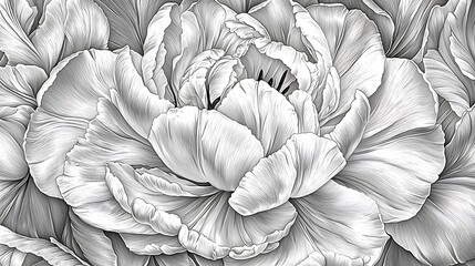Monochrome close-up of delicate, lush peony blossoms.