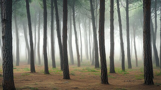 Enchanting foggy morning in pine forest with lush green trees and grass creating a mysterious and serene natural landscape