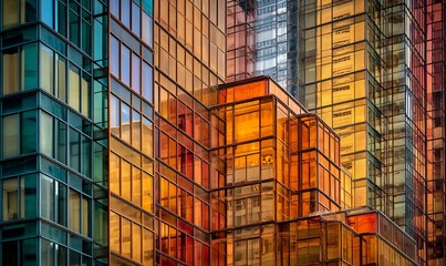 Fototapeta premium Colorful glass facade of modern high-rise buildings in city downtown, reflecting light and colors. Possible use Architecture photography, showcasing urban design