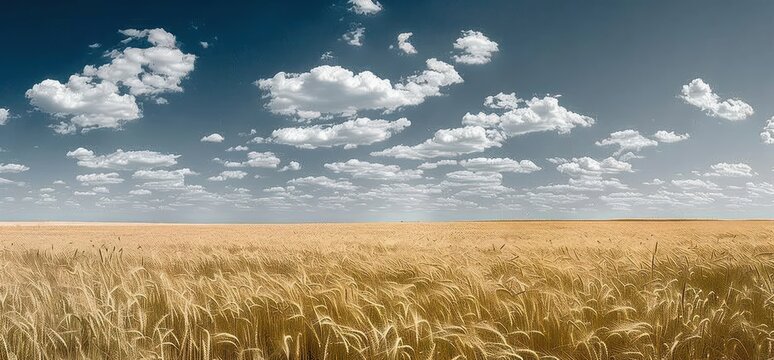 Wide golden wheat field under a bright blue sky scattered with white fluffy clouds evoking a calm and peaceful rural landscape