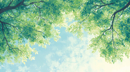 Fototapeta premium Looking Up at the Canopy: A breathtaking view looking up through the vibrant green leaves of a tree canopy towards a bright and partly cloudy sky.