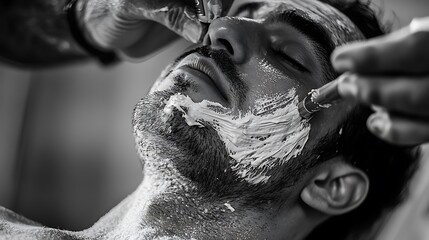 A man is getting his beard shaved by a barber