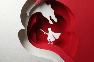 Paper cut illustration of Saint George fighting a dragon in red and white layered design