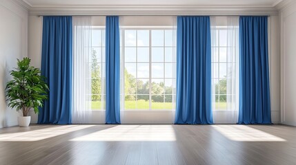 Fototapeta premium Elegant Blue Curtains Draped Window Large Bright Room Interior Design Modern Home Decor Spacious Sunlight Natural Light Luxury Apartment Bright White Walls Wooden Floor calm house