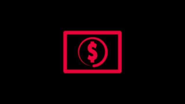 Open dollar with rectangle. Dollar currency money sign glowing golden neon flickering lights with rectangle frame loop animated background, 4k video.