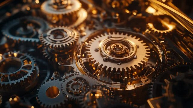 Intricate Golden Gears Macro, Depicting Precision and Interconnectedness, Mechanical Design