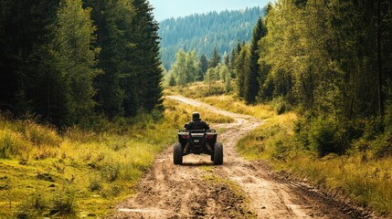 Obraz premium ATV exploration through scenic mountain trail amidst dense woodland forest