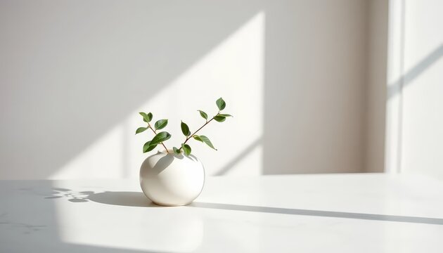 Minimalist still life of a small white ceramic vase with green leaves 