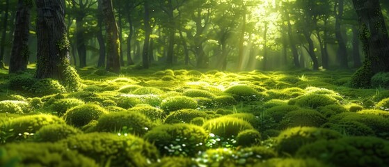 Sunlit forest floor covered with lush green moss and scattered small plants, surrounded by tall trees with sun rays filtering through dense foliage creating a serene and magical atmosphere