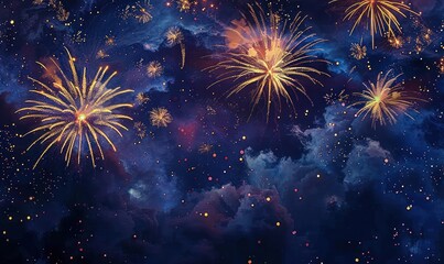 Fototapeta premium Bright golden fireworks bursting in a dark blue night sky surrounded by scattered glowing sparks and clouds creating a festive and celebratory atmosphere