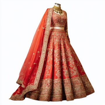 Red and gold bridal lehenga choli set with dupatta on a mannequin