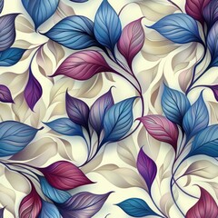 Fototapeta premium seamless pattern of vibrant blue and purple leaves intertwined with beige and cream foliage creating a harmonious and calming botanical design