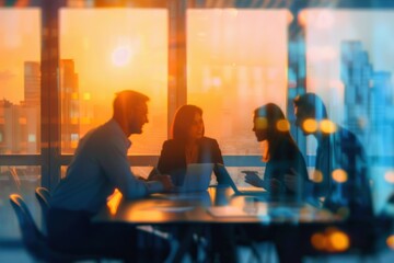 silhouettes of four people engaging in a meeting around a table with a cityscape view at sunset creating a warm and collaborative atmosphere