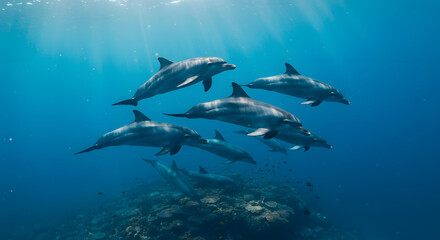 Fototapeta premium Dolphins Swimming Together Underwater with Sun Rays and Coral Reef