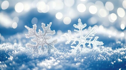 Winter Wonderland: Two Perfect Snowflakes Resting on a Pristine Snowdrift