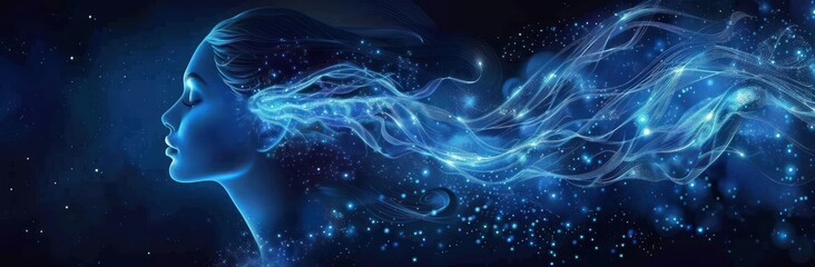 Fototapeta premium Silhouette of a human head with glowing blue light streams and sparkling particles flowing out, creating a dynamic, futuristic and ethereal atmosphere